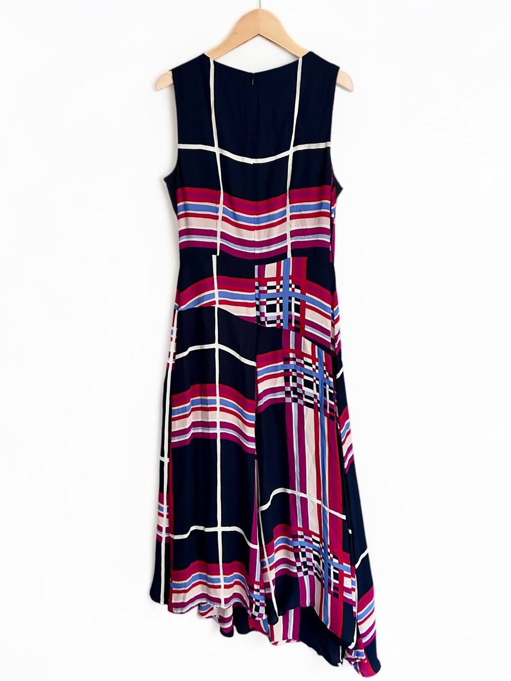 Karen Millen Geometric Plaid Fit & Flare Handkerchief Hem Midi Dress US 4 - Picture 3 of 10